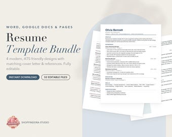 Pacote de currículo moderno compatível com ATS, 4 modelos com carta de apresentação (download digital)