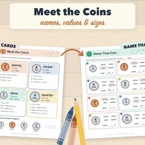 Puede incluir: Dos hojas de trabajo educativas tituladas Meet the Coins y Name That Coin, con ilustraciones de un penny, nickel, dime y quarter con sus valores y descripciones f&iacute;sicas, acompa&ntilde;adas de un cray&oacute;n azul, un cray&oacute;n marr&oacute;n y un l&aacute;piz amarillo.