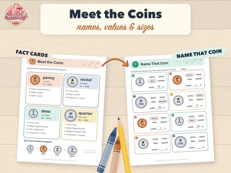 Puede incluir: Dos hojas de trabajo educativas tituladas Meet the Coins y Name That Coin, con ilustraciones de un penny, nickel, dime y quarter con sus valores y descripciones f&iacute;sicas, acompa&ntilde;adas de un cray&oacute;n azul, un cray&oacute;n marr&oacute;n y un l&aacute;piz amarillo.