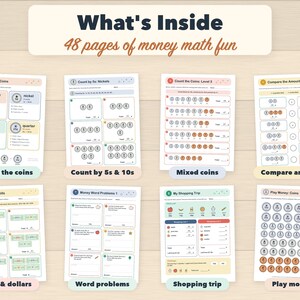 Puede incluir: Un conjunto de ocho hojas de trabajo educativas tituladas What's Inside 48 pages of money math fun. Las p&aacute;ginas incluyen ejercicios sobre identificaci&oacute;n de monedas, conteo, cantidades mixtas, comparaci&oacute;n de montos y problemas matem&aacute;ticos.