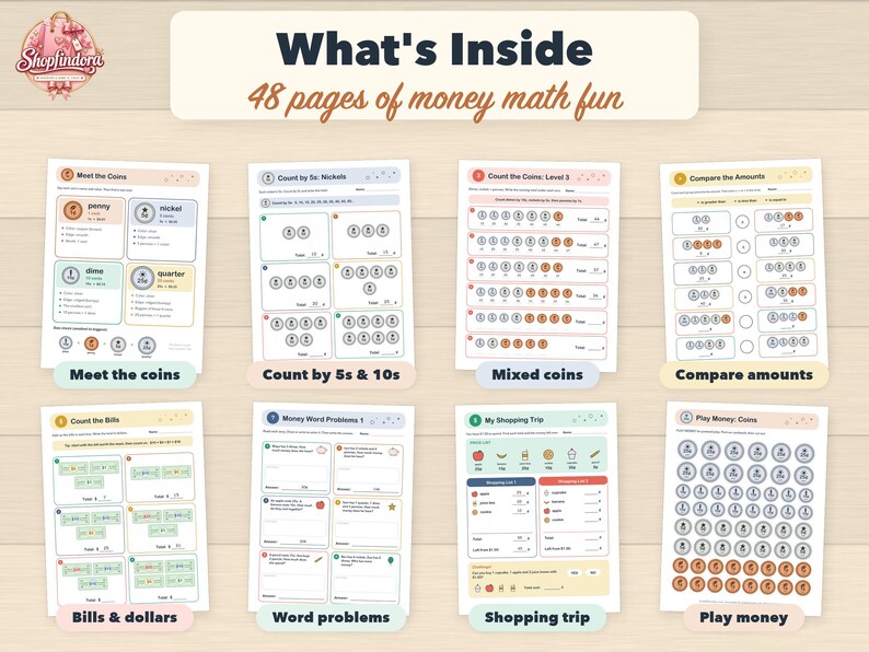 Puede incluir: Un conjunto de ocho hojas de trabajo educativas tituladas What's Inside 48 pages of money math fun. Las p&aacute;ginas incluyen ejercicios sobre identificaci&oacute;n de monedas, conteo, cantidades mixtas, comparaci&oacute;n de montos y problemas matem&aacute;ticos.