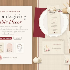 May include: A digital set of editable and printable Thanksgiving table decor including menus, place cards, and welcome signs. The designs feature cream-colored paper with illustrations of white pumpkins, wheat stalks, and red berries on a grid background.
