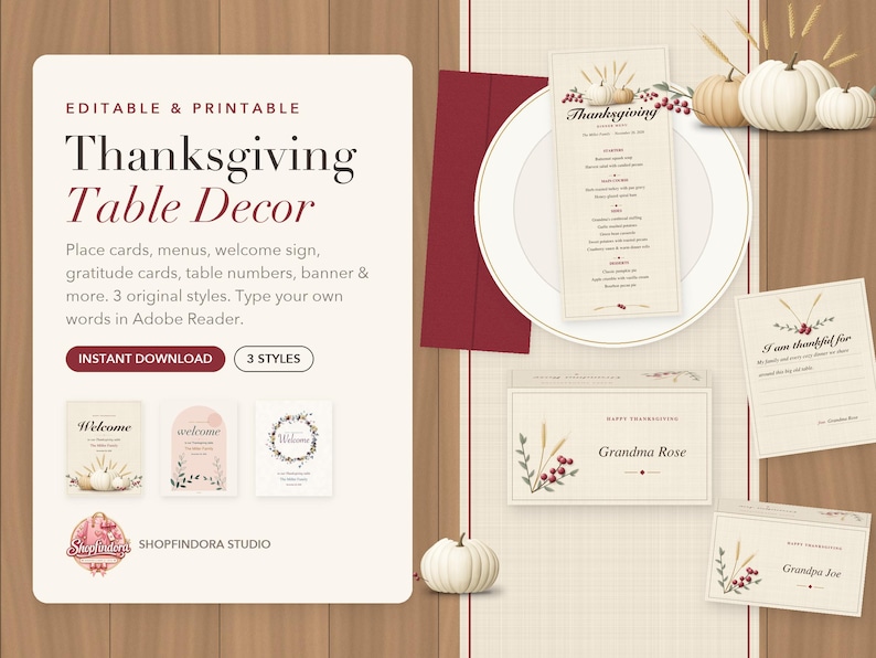 May include: A digital set of editable and printable Thanksgiving table decor including menus, place cards, and welcome signs. The designs feature cream-colored paper with illustrations of white pumpkins, wheat stalks, and red berries on a grid background.