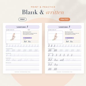 May include: Two educational handwriting worksheets for the lowercase letter b, featuring instructional diagrams, tracing lines, and practice words like bat, bus, and web. The pages include sections for tracing letters, words, and writing on your own.
