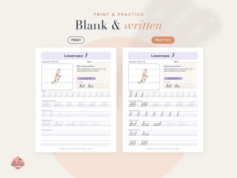 May include: Two educational handwriting worksheets for the lowercase letter b, featuring instructional diagrams, tracing lines, and practice words like bat, bus, and web. The pages include sections for tracing letters, words, and writing on your own.
