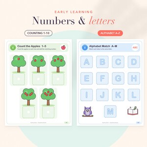 Op de afbeelding: Twee educatieve werkbladen getiteld Early Learning Numbers & Letters. De linkerpagina bevat Count the Apples 1-5 met bomen en rode appels. De rechterpagina toont Alphabet Match A-M met gestippelde letters, een uil en een open boek.