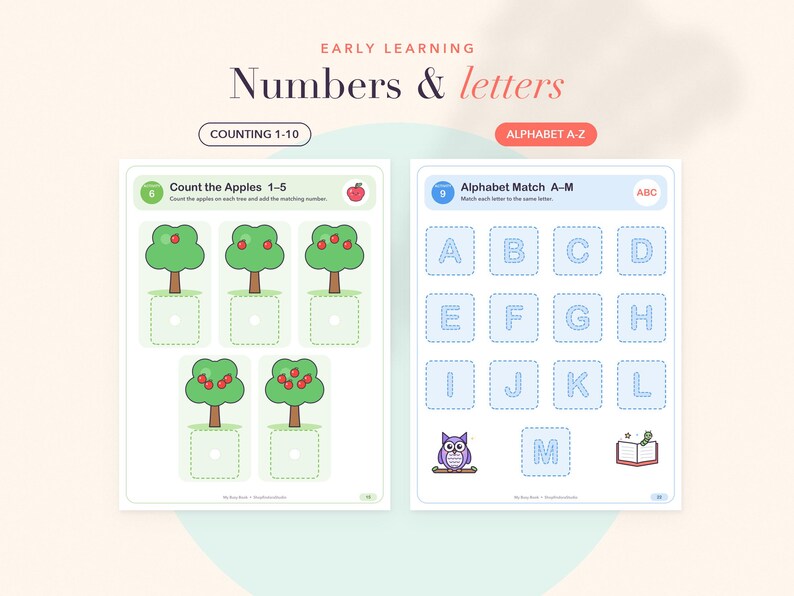 Op de afbeelding: Twee educatieve werkbladen getiteld Early Learning Numbers & Letters. De linkerpagina bevat Count the Apples 1-5 met bomen en rode appels. De rechterpagina toont Alphabet Match A-M met gestippelde letters, een uil en een open boek.