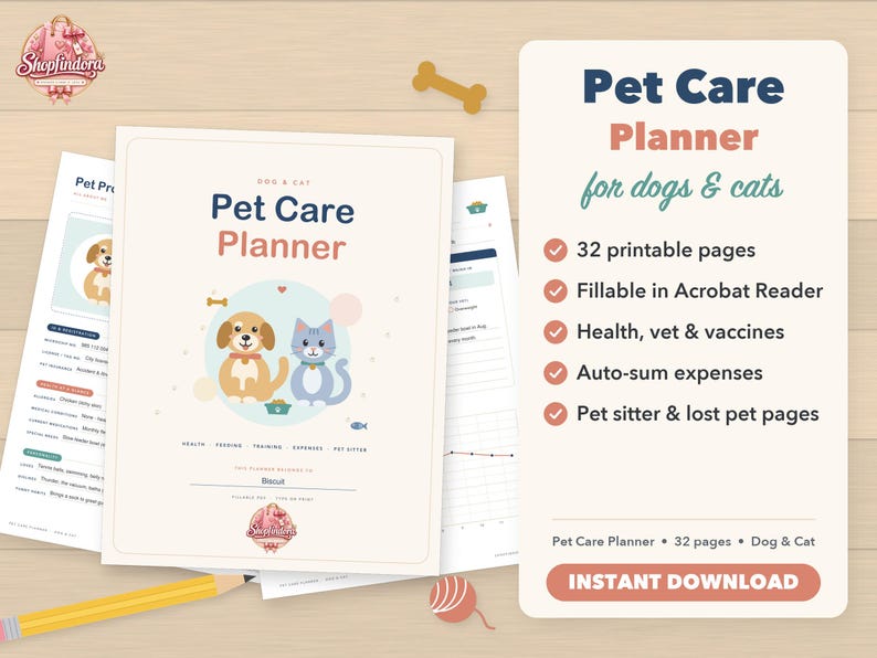 May include: A Pet Care Planner for dogs and cats featuring a cover with a cartoon dog and cat illustration. The planner includes 32 printable pages, fillable in Acrobat Reader, covering health, vet, vaccines, expenses, and pet sitter information.