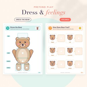 Op de afbeelding: Twee educatieve activiteitenpagina's getiteld Pretend Play Dress & Feelings. De linkerpagina bevat een illustratie van een bruine beer met stippellijnen voor kleding. De rechterpagina toont zes berengezichten met verschillende emoties.