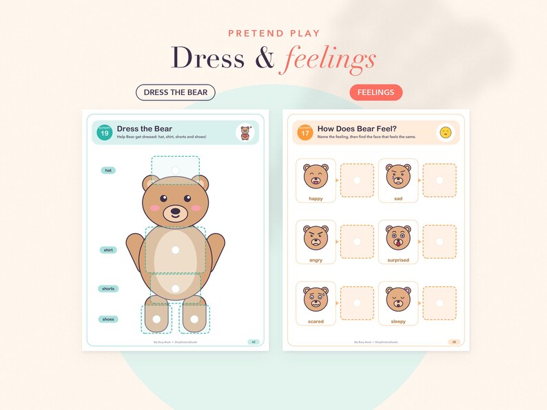 Op de afbeelding: Twee educatieve activiteitenpagina's getiteld Pretend Play Dress & Feelings. De linkerpagina bevat een illustratie van een bruine beer met stippellijnen voor kleding. De rechterpagina toont zes berengezichten met verschillende emoties.