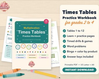 Caderno de exercícios de tabuada, folhas de exercícios de tabuada de 1 a 12, exercícios cronometrados de matemática, matemática para o 3º ano, PDF imprimível para ensino domiciliar