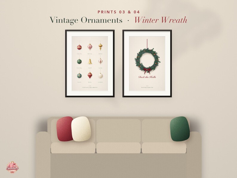 May include: Two framed wall art prints titled Prints 03 & 04. The left print displays nine vintage ornaments in various shapes and colors. The right print features a green winter wreath with a red bow and the text Deck the Halls below it.