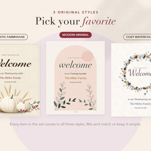 May include: Three rectangular Thanksgiving table signs featuring the text Welcome to our Thanksgiving table The Miller Family November 26, 2020. The first sign has pumpkins, the second has an arch design with leaves, and the third has a floral wreath.