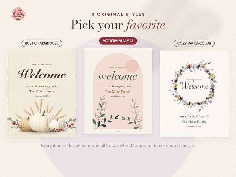 May include: Three rectangular Thanksgiving table signs featuring the text Welcome to our Thanksgiving table The Miller Family November 26, 2020. The first sign has pumpkins, the second has an arch design with leaves, and the third has a floral wreath.