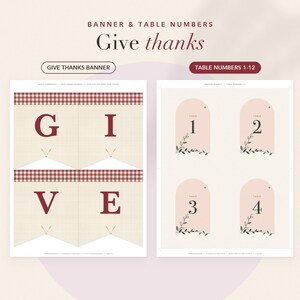 May include: A printable set featuring a banner and table numbers. The banner displays the letters G, I, V, E in red on a cream background with a red plaid border. The table numbers 1 through 4 are printed on arched cards with floral accents.