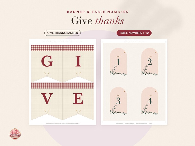 May include: A printable set featuring a banner and table numbers. The banner displays the letters G, I, V, E in red on a cream background with a red plaid border. The table numbers 1 through 4 are printed on arched cards with floral accents.