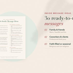 May include: A digital document titled 30 Inside Message Ideas featuring lists of holiday greetings categorised for family, friends, coworkers, teachers, clients, and seasonal themes, with a summary highlighting three sections for messages.