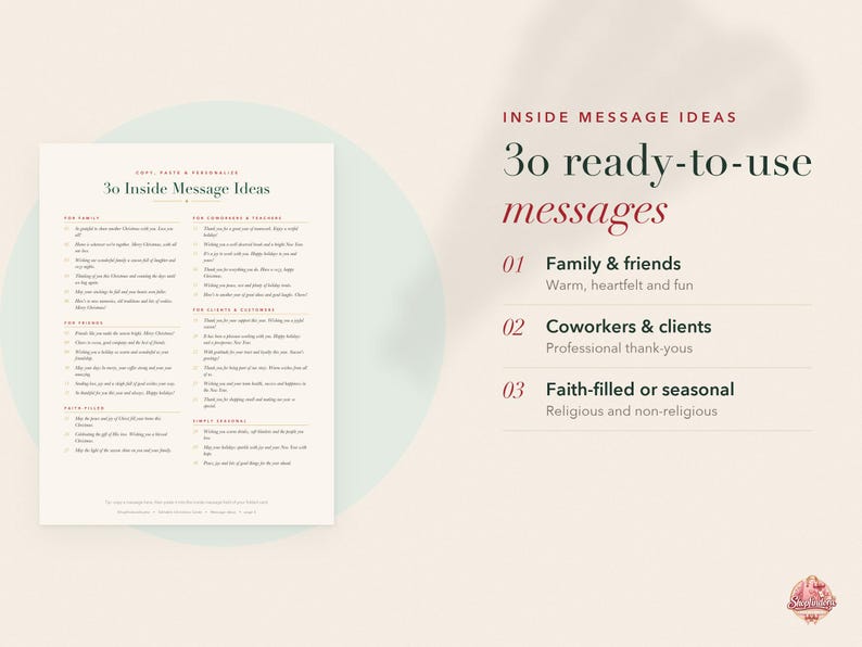 May include: A digital document titled 30 Inside Message Ideas featuring lists of holiday greetings categorised for family, friends, coworkers, teachers, clients, and seasonal themes, with a summary highlighting three sections for messages.