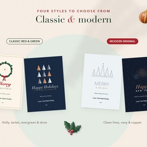 May include: Four holiday greeting cards featuring two classic red and green designs and two modern minimal designs. The cards display festive graphics including a wreath, stylised trees, and fireworks with text such as Merry Christmas and Happy New Year.