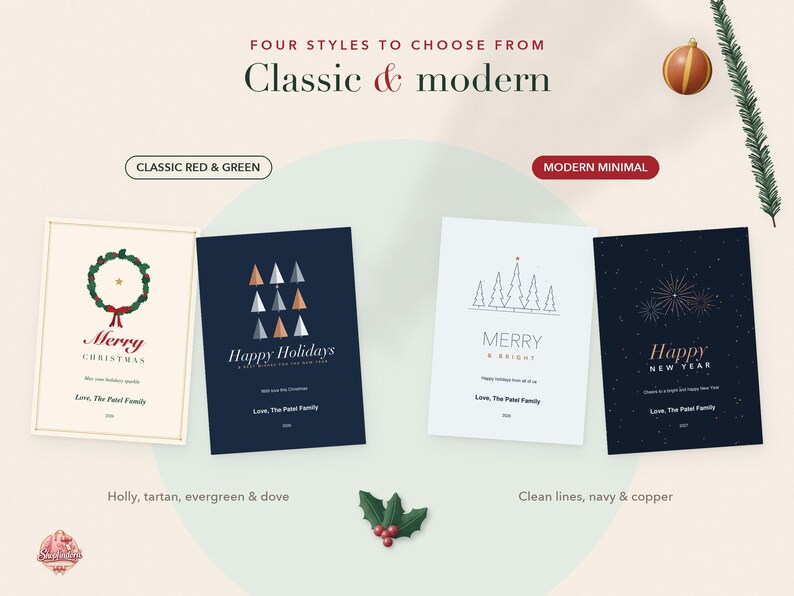 May include: Four holiday greeting cards featuring two classic red and green designs and two modern minimal designs. The cards display festive graphics including a wreath, stylised trees, and fireworks with text such as Merry Christmas and Happy New Year.