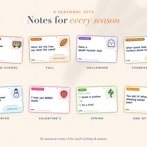 May include: A set of 8 seasonal note cards titled Notes for every season, featuring colorful borders and illustrations for Back to School, Fall, Halloween, Thanksgiving, Winter, Valentine's, Spring, and End of Year, with space for a signature.