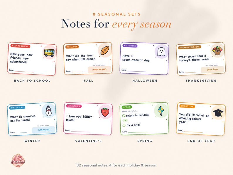 May include: A set of 8 seasonal note cards titled Notes for every season, featuring colorful borders and illustrations for Back to School, Fall, Halloween, Thanksgiving, Winter, Valentine's, Spring, and End of Year, with space for a signature.