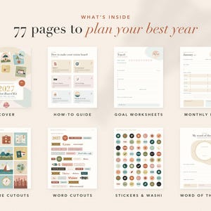 May include: A 77-page 2027 vision board kit featuring a cover, how-to guide, goal worksheets, monthly plans, picture cutouts, word cutouts, stickers, washi tape, and a word of the year page. The kit uses a soft colour palette with various illustrations.