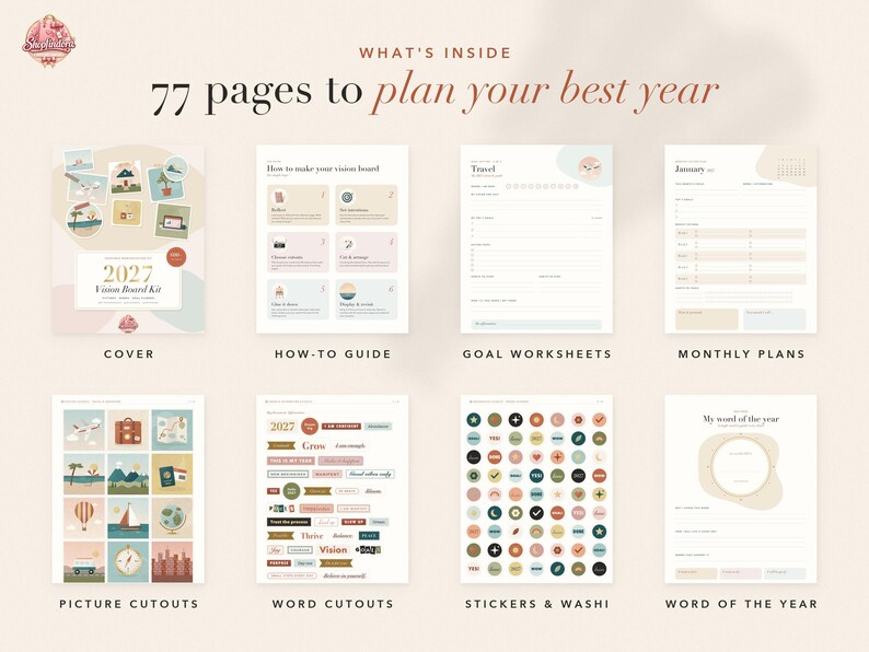 May include: A 77-page 2027 vision board kit featuring a cover, how-to guide, goal worksheets, monthly plans, picture cutouts, word cutouts, stickers, washi tape, and a word of the year page. The kit uses a soft colour palette with various illustrations.