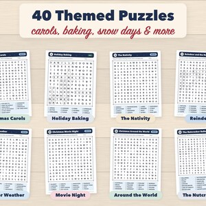 Puede incluir: Una colecci&oacute;n de ocho hojas de sopas de letras tituladas 40 Themed Puzzles carols, baking, snow days & more. Cada hoja presenta una cuadr&iacute;cula de letras y una lista de palabras para encontrar, con temas como villancicos, reposter&iacute;a, clima invernal, renos, pel&iacute;culas, el mundo y El Cascanueces.