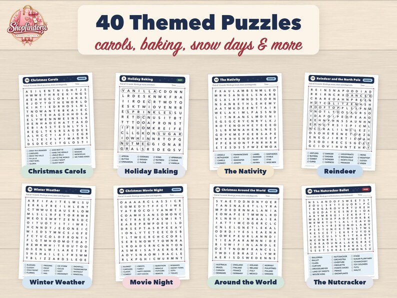 Puede incluir: Una colecci&oacute;n de ocho hojas de sopas de letras tituladas 40 Themed Puzzles carols, baking, snow days & more. Cada hoja presenta una cuadr&iacute;cula de letras y una lista de palabras para encontrar, con temas como villancicos, reposter&iacute;a, clima invernal, renos, pel&iacute;culas, el mundo y El Cascanueces.