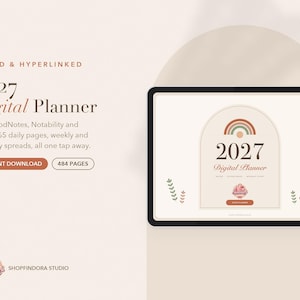 Może przedstawiać: Cyfrowy planer na rok 2027 wyświetlony na ekranie tabletu, z łukowatą grafiką zawierającą tęczę, napisem 2027 Digital Planner oraz bocznymi zakładkami nawigacyjnymi. Ekran prezentuje 365 stron dziennych.