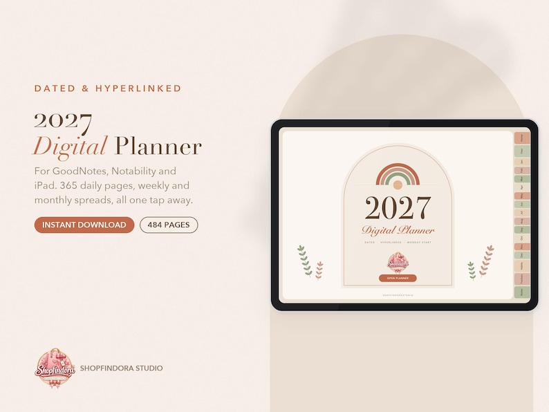 Może przedstawiać: Cyfrowy planer na rok 2027 wyświetlony na ekranie tabletu, z łukowatą grafiką zawierającą tęczę, napisem 2027 Digital Planner oraz bocznymi zakładkami nawigacyjnymi. Ekran prezentuje 365 stron dziennych.
