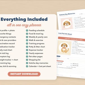 May include: A digital pet planner set featuring a list of included pages such as pet profile, feeding schedule, vaccination record, and expense tracker. The set includes a Gotcha Day Memories page and a Lost Pet Info Sheet with a cartoon dog illustration.