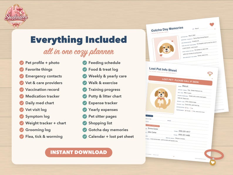 May include: A digital pet planner set featuring a list of included pages such as pet profile, feeding schedule, vaccination record, and expense tracker. The set includes a Gotcha Day Memories page and a Lost Pet Info Sheet with a cartoon dog illustration.