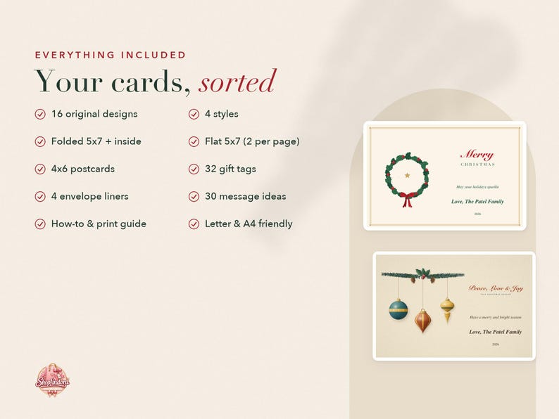 May include: A digital collection of Christmas cards featuring 16 designs, 4 styles, 5x7 folded and flat cards, 4x6 postcards, 32 gift tags, and 4 envelope liners. The text includes 'Everything Included', 'Your cards, sorted', and 'Merry Christmas'.