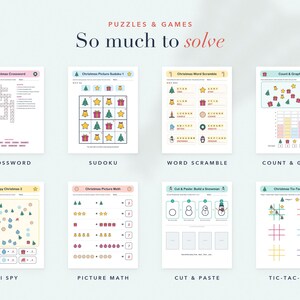 Puede incluir: Una colecci&oacute;n de ocho hojas de actividades navide&ntilde;as imprimibles tituladas Puzzles & Games So much to solve. El conjunto incluye crucigramas, sudoku con im&aacute;genes, sopa de letras, conteo y gr&aacute;ficos, I spy, matem&aacute;ticas con im&aacute;genes y tic-tac-toe.