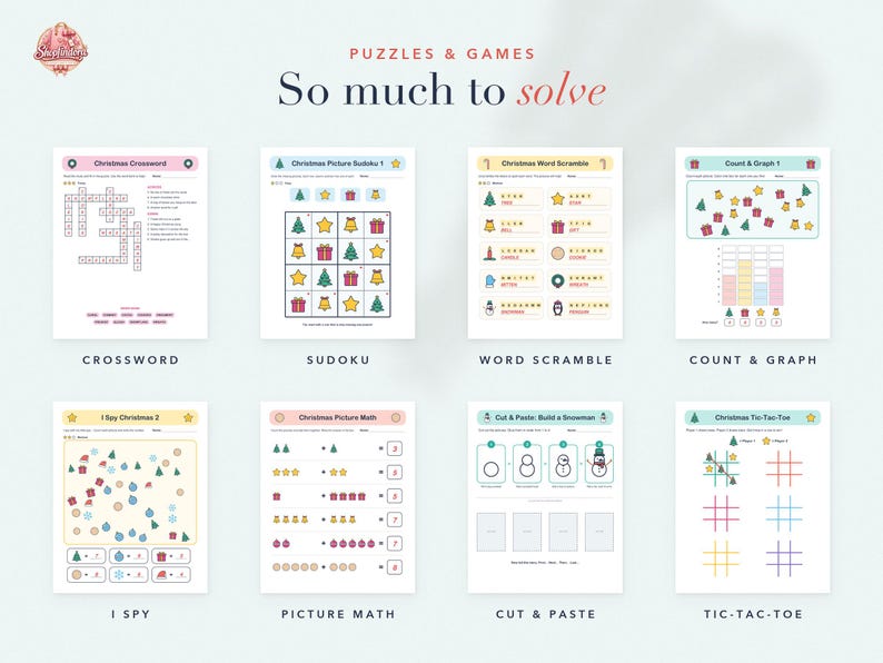 Puede incluir: Una colecci&oacute;n de ocho hojas de actividades navide&ntilde;as imprimibles tituladas Puzzles & Games So much to solve. El conjunto incluye crucigramas, sudoku con im&aacute;genes, sopa de letras, conteo y gr&aacute;ficos, I spy, matem&aacute;ticas con im&aacute;genes y tic-tac-toe.