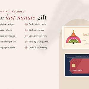 May include: A digital product set titled The last-minute gift featuring 12 original designs, gift card holders, envelopes, and cash holders. Includes editable To/From fields, printing guides, and A4/Letter compatibility. Two sample cards are shown.