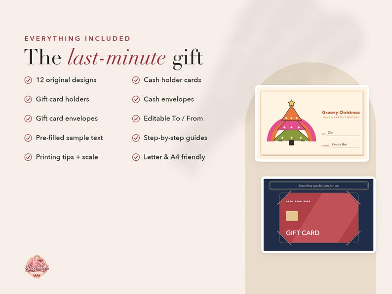 May include: A digital product set titled The last-minute gift featuring 12 original designs, gift card holders, envelopes, and cash holders. Includes editable To/From fields, printing guides, and A4/Letter compatibility. Two sample cards are shown.