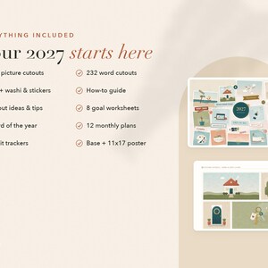 May include: A digital planning kit titled Your 2027 starts here, featuring 234 picture cutouts, 232 word cutouts, 150+ washi and stickers, a how-to guide, 8 goal worksheets, 12 monthly plans, habit trackers, and an 11x17 inch poster base.