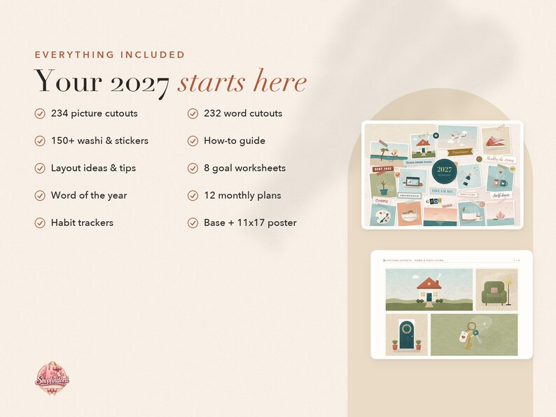 May include: A digital planning kit titled Your 2027 starts here, featuring 234 picture cutouts, 232 word cutouts, 150+ washi and stickers, a how-to guide, 8 goal worksheets, 12 monthly plans, habit trackers, and an 11x17 inch poster base.
