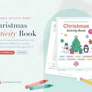 Puede incluir: Un libro de actividades navide&ntilde;as imprimible de 46 p&aacute;ginas con laberintos, sopas de letras, puntos para unir, juegos de encontrar diferencias, sudokus y crucigramas para ni&ntilde;os de 4 a 9 a&ntilde;os, con un &aacute;rbol de Navidad, un mu&ntilde;eco de nieve y un ping&uuml;ino.