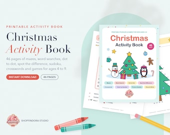 Livro de atividades de Natal para crianças, atividades natalinas para imprimir, labirintos, caça-palavras, ligue os pontos, folhas de atividades temáticas de Natal, download instantâneo
