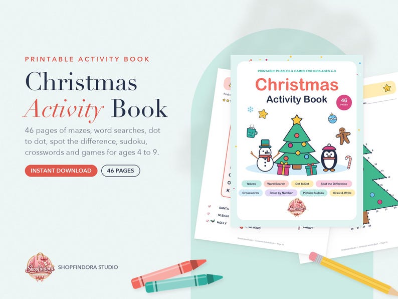 Puede incluir: Un libro de actividades navide&ntilde;as imprimible de 46 p&aacute;ginas con laberintos, sopas de letras, puntos para unir, juegos de encontrar diferencias, sudokus y crucigramas para ni&ntilde;os de 4 a 9 a&ntilde;os, con un &aacute;rbol de Navidad, un mu&ntilde;eco de nieve y un ping&uuml;ino.