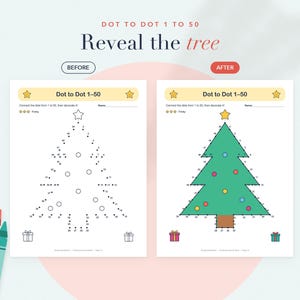 Puede incluir: Una hoja de actividades de unir puntos titulada Dot to Dot 1-50 Reveal the tree, que muestra una versi&oacute;n de antes y despu&eacute;s de un &aacute;rbol. El lado izquierdo muestra un contorno numerado, mientras que el derecho muestra el &aacute;rbol coloreado con adornos.