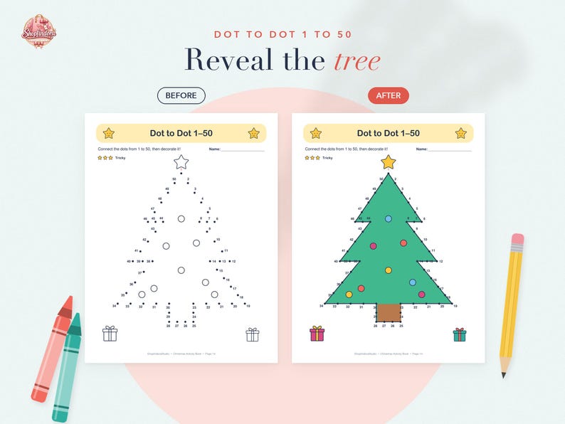 Puede incluir: Una hoja de actividades de unir puntos titulada Dot to Dot 1-50 Reveal the tree, que muestra una versi&oacute;n de antes y despu&eacute;s de un &aacute;rbol. El lado izquierdo muestra un contorno numerado, mientras que el derecho muestra el &aacute;rbol coloreado con adornos.