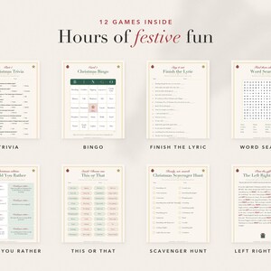 Op de afbeelding: Een verzameling van acht printbare kerstspelbladen met titels zoals Christmas Trivia, Bingo, Finish the Lyric, Word Search, Would You Rather, This or That, Scavenger Hunt en The Left Right Game, met de tekst 12 GAMES INSIDE Hours of festive fun.