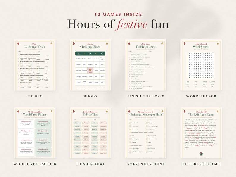 Op de afbeelding: Een verzameling van acht printbare kerstspelbladen met titels zoals Christmas Trivia, Bingo, Finish the Lyric, Word Search, Would You Rather, This or That, Scavenger Hunt en The Left Right Game, met de tekst 12 GAMES INSIDE Hours of festive fun.