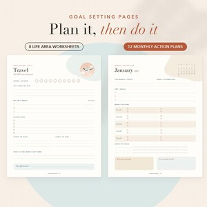 May include: Two goal setting pages featuring the text "GOAL SETTING PAGES", "Plan it, then do it", "8 LIFE AREA WORKSHEETS", and "12 MONTHLY ACTION PLANS". The left page is titled "Travel" and the right page is titled "January 2027".