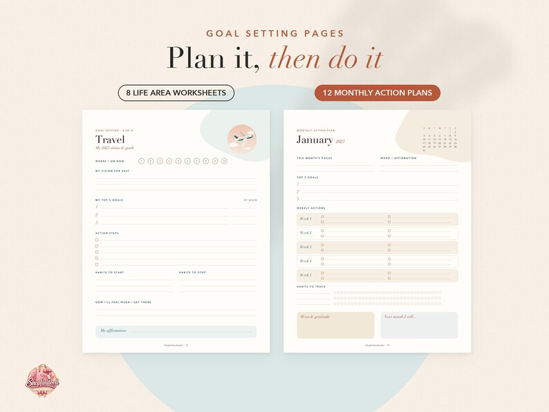 May include: Two goal setting pages featuring the text "GOAL SETTING PAGES", "Plan it, then do it", "8 LIFE AREA WORKSHEETS", and "12 MONTHLY ACTION PLANS". The left page is titled "Travel" and the right page is titled "January 2027".